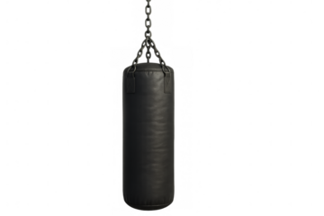 Black punching bag hanging on metal chain on transparent background