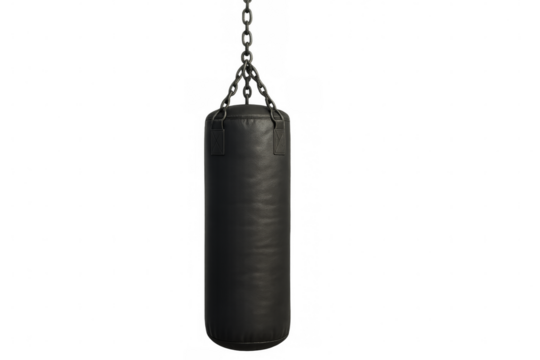 Black punching bag hanging on metal chain on transparent background