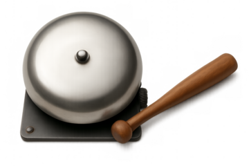 Shiny metal school bell with wooden handle on transparent background