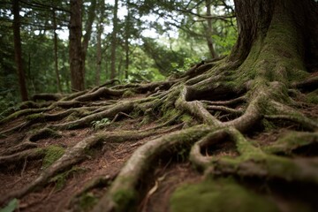 Fototapeta premium Ancient Tree Roots Tangled on Forest Floor