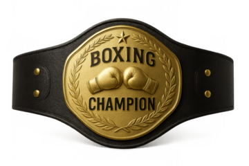 Boxing championship belt celebrating victory with golden gloves and laurel wreath on transparent background