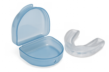 Mouth guard and case resting on transparent background