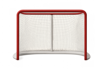 Hockey net showing white goal netting and red goal frame on transparent background