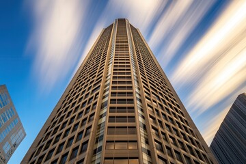 Obraz premium Skyscraper Reaching Towards the Sky with Dynamic Cloud Movement in Urban Landscape