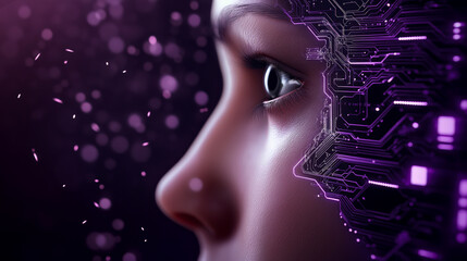 Obraz premium Cybernetic woman's eye with futuristic circuit overlay