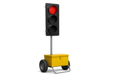 Portable traffic light showing red signal on transparent background
