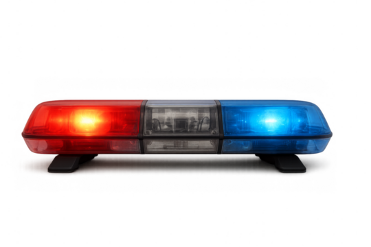 Flashing red and blue emergency light bar on transparent background