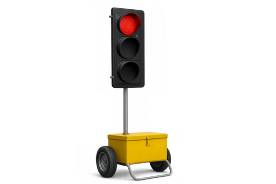 Portable traffic light showing red signal on transparent background