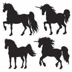 Silhouetted horses and unicorns standing in various poses against a white isolated background art design