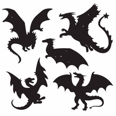 Silhouette illustration featuring five dragons in various poses with wings and tails on a white background
