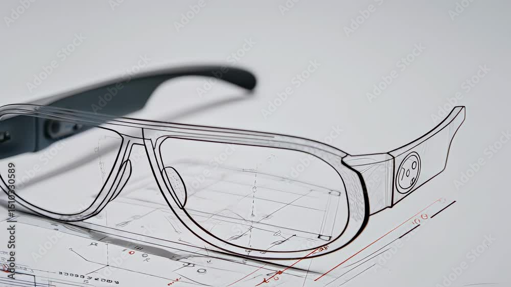 Wall mural augmented reality smartglasses design displayed on computer screen, featuring technical blueprints, 