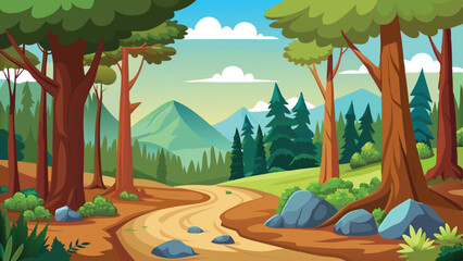 Naklejka premium Forest Landscape Cartoon Illustration with Winding Dirt Road, Trees, Mountains, and Sky