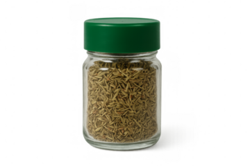 Glass jar filled with dried thyme on transparent background