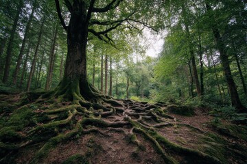 Naklejka premium Ancient Tree Roots Tangled on Forest Floor