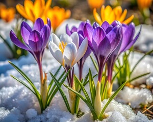 Fototapeta premium crocus-saffron-violet-blooms-spring-flowers-snow