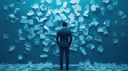 Business man overwhelmed by paperwork documents stress management office work overload concept image