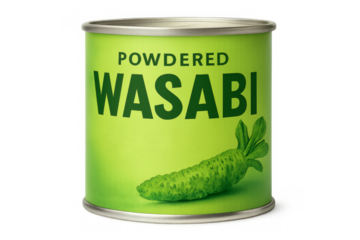 Green metal tin containing powdered wasabi with transparent background