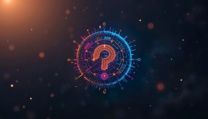 A modern pixel art question mark in the middle of a futuristic logo with Al elements,