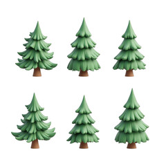 Miniature evergreen trees, set of six realistic pine trees, ideal for dioramas or festive decorations, vibrant green color. Isolated on white background or PNG