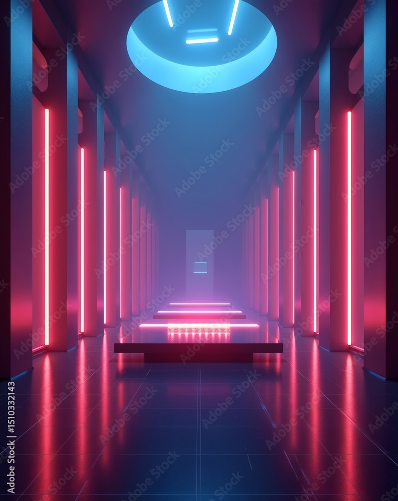 Poster futuristic architectural design bathed in neon light and symmetrical forms