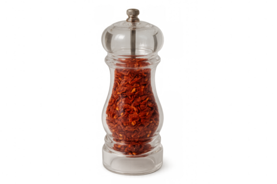 Transparent glass spice grinder containing dried chili peppers on transparent background