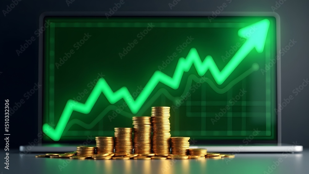 Poster a business growth chart with a rising arrow and stacked coins