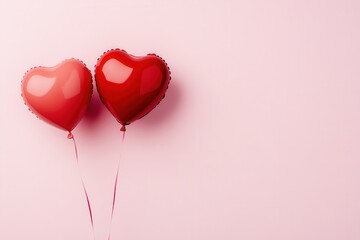 Two shiny red heart-shaped balloons floating gracefully against a soft pink background