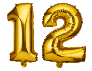 Floating Golden Foil Balloons in Number 12 Shape with Light Reflections, isolated on a transparent background