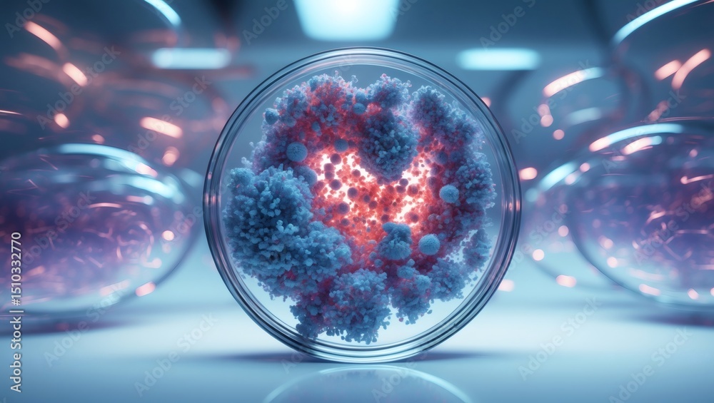 Poster a detailed image showcasing the complexities of a cell sample within a petri dish