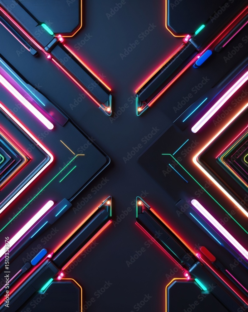 Poster Abstract geometric pattern with vibrant neon lines and a dark backdrop, creates a futuristic and dynamic visual