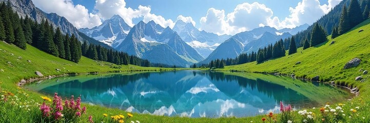 Fototapeta premium Majestic snow-capped peaks reflect in a pristine alpine lake, surrounded by lush green meadows and wildflowers under a vibrant blue sky A tranquil scene of untouched natural beauty , landscape, calm