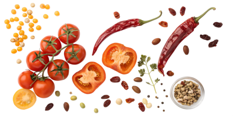 Exploring vibrant colors of fresh produce displayed artfully on a white background, showcasing tomatoes, peppers, and a variety of spices and seeds Generative AI