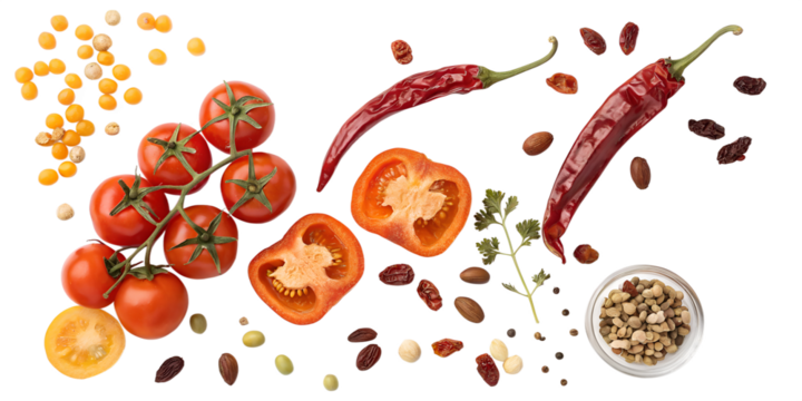 Exploring vibrant colors of fresh produce displayed artfully on a white background, showcasing tomatoes, peppers, and a variety of spices and seeds Generative AI