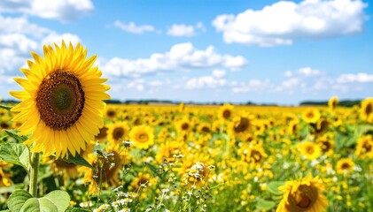 A vibrant field of sunflowers stretches towards the horizon, their golden petals basking in the sunlight, swaying gently in the warm breeze.