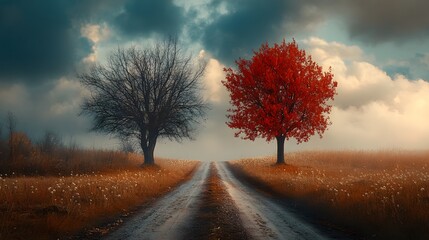 Dichotomous Roadway Landscape Illustrating the Stark Contrast Between Desolation and Vibrant Renewal Representing Divergent Life Choices