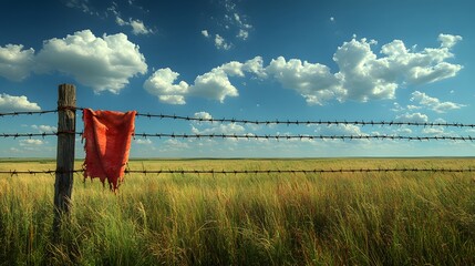 Detailed Portrayal of Torn Cloth Clinging on a Rusty Barbed Fence Amid an Expansive Overgrown Field Under a Radiant Deep Blue Sky Symbolizing Abandonment