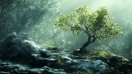 Tender New Branches Emerging from Remnants of Timeworn Trunks in an Ancient Grove, Celebrating Nature's Quiet Regenerative Beauty