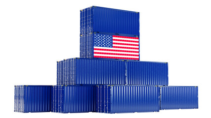 Cargo shipping container with united states of america flag, shipping and freight transportation of USA concept.