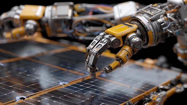 Advanced robotic arm carefully examining and repairing a damaged solar panel on a cubesat, highlighting the precision and delicate nature of space maintenance operations