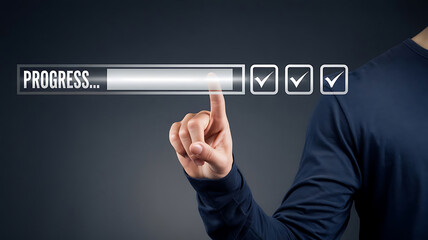 Man Pointing at Digital Progress Bar and Completed Tasks