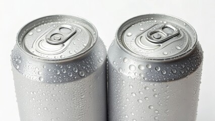 Two chilled soda cans with condensation on a white background.