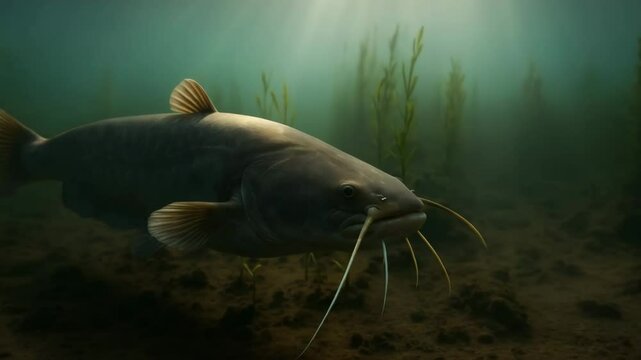 A catfish swimming underwater with plants and dirt on the bottom of the body of water scene 4k uhd video