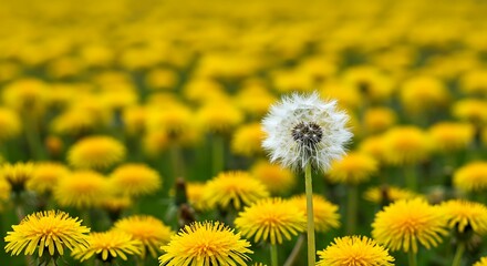 Single dandelion in seed stage standing among many yellow dandelions in full bloom. Spring summer field with wildflowers, nature concept