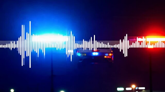 White audio waveform over police siren lights in dark city background symbolizing emergency or alert sound