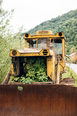 Abandoned rusty bulldozer overgrown with green plants in a forest.