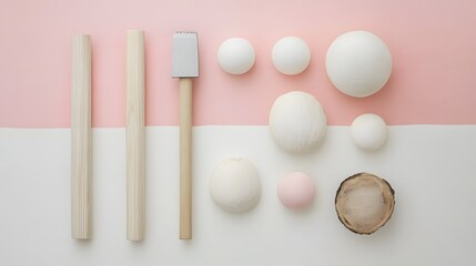 Pastel Pink and White Spheres with Wooden Elements Flatlay