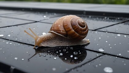 Close-Up of Snail on Wet Surface with Reflective Water Droplets