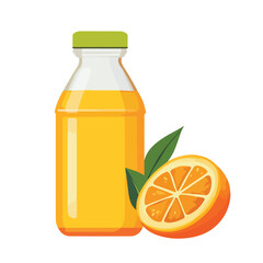 Colorful Cartoon Illustration of Orange Juice Bottle and Fresh Orange Fruit - Vector Design for Juice Packaging and Healthy Food Concepts