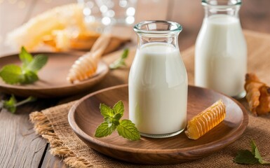 Two bottles of milk, honeycomb, and mint leaves on wooden plates on a table.