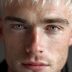 Obraz premium Blonde-haired man with fair skin and light natural eyebrows, soft and clean portrait.